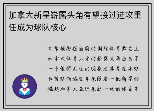 加拿大新星崭露头角有望接过进攻重任成为球队核心