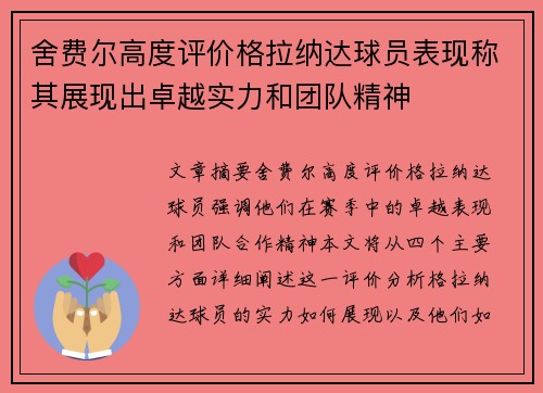 舍费尔高度评价格拉纳达球员表现称其展现出卓越实力和团队精神