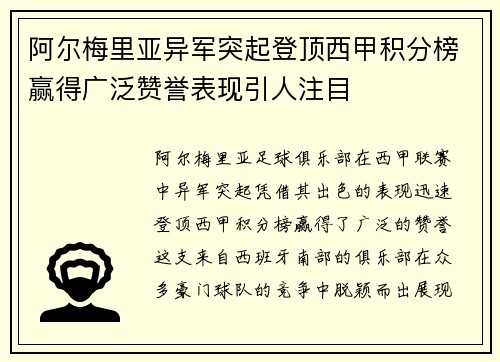 阿尔梅里亚异军突起登顶西甲积分榜赢得广泛赞誉表现引人注目