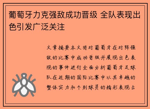 葡萄牙力克强敌成功晋级 全队表现出色引发广泛关注