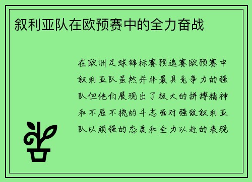 叙利亚队在欧预赛中的全力奋战