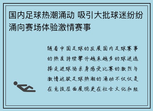 国内足球热潮涌动 吸引大批球迷纷纷涌向赛场体验激情赛事