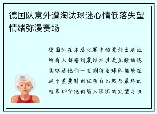 德国队意外遭淘汰球迷心情低落失望情绪弥漫赛场