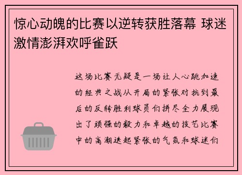 惊心动魄的比赛以逆转获胜落幕 球迷激情澎湃欢呼雀跃