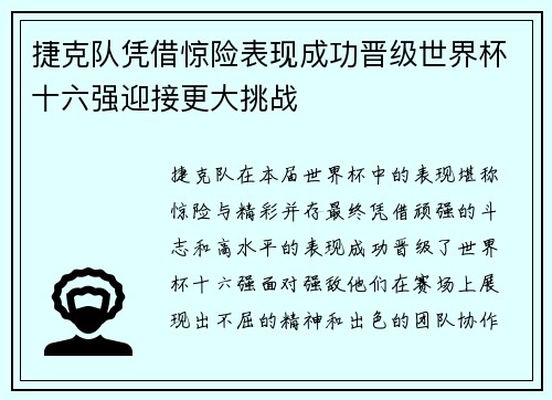 捷克队凭借惊险表现成功晋级世界杯十六强迎接更大挑战