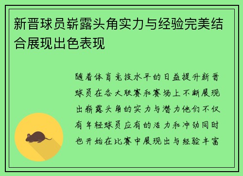 新晋球员崭露头角实力与经验完美结合展现出色表现