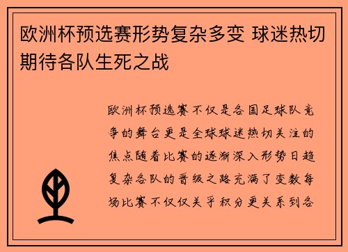 欧洲杯预选赛形势复杂多变 球迷热切期待各队生死之战