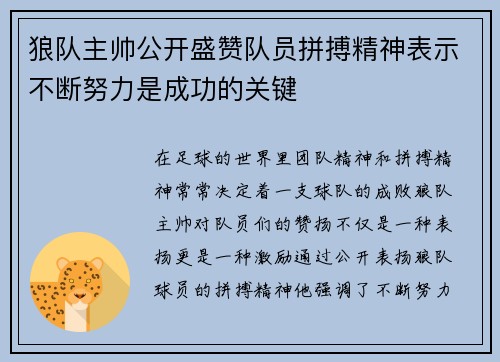 狼队主帅公开盛赞队员拼搏精神表示不断努力是成功的关键