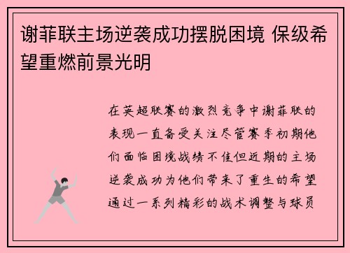 谢菲联主场逆袭成功摆脱困境 保级希望重燃前景光明