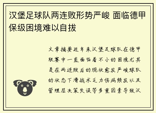 汉堡足球队两连败形势严峻 面临德甲保级困境难以自拔