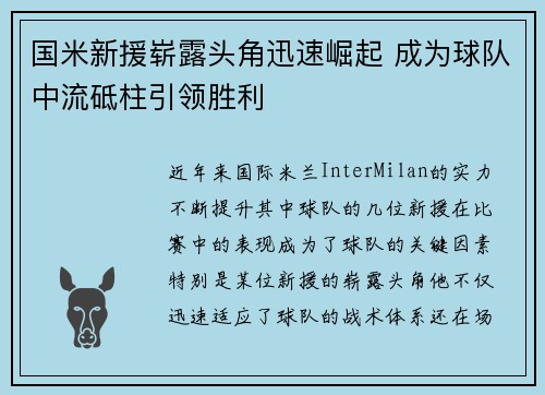 国米新援崭露头角迅速崛起 成为球队中流砥柱引领胜利